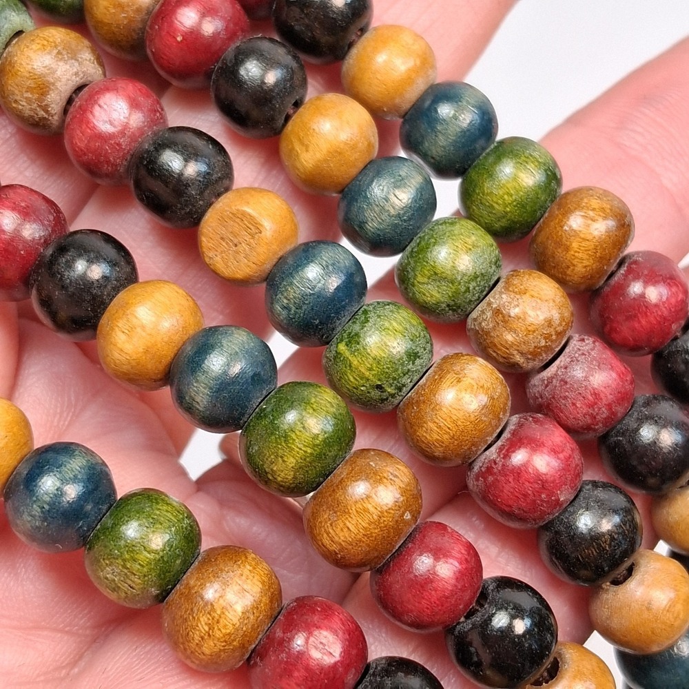 Multi-Color Wood Bead Boho Cuff Bracelet with Carved Wood Buckle Clasp 7.5+" - Picture 4 of 9